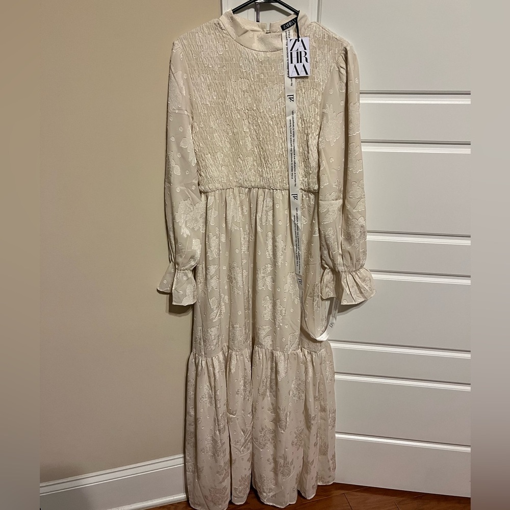 Cream Zahraa The Label satin, long sleeve maxi dress